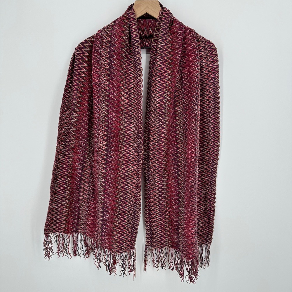 Missoni Scarf OS Burgundy Pink Zig Zag Chevron Fringe Made In Italy Knit